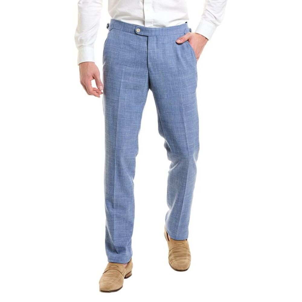 Richard James Mens Flat Front Wool & Linen-Blend Trouser, Blue